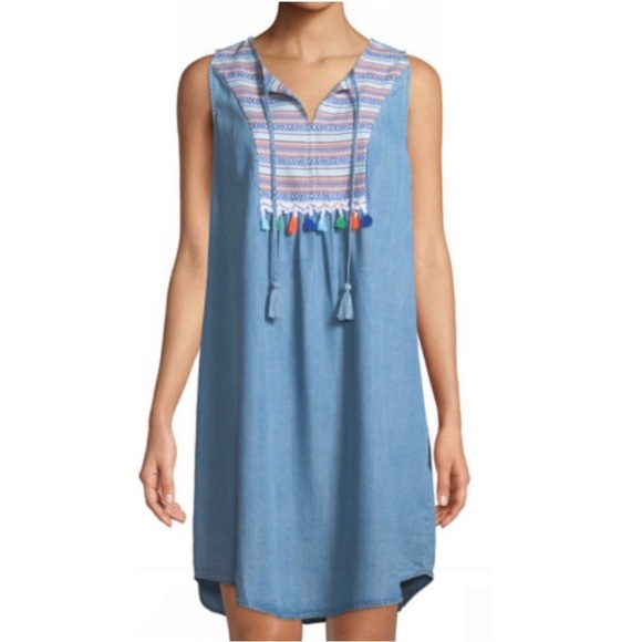 NEIMAN MARCUS Chambray Embellished Sleeveless Dress - Picture 2 of 10